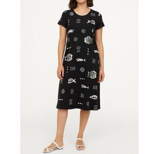 M.MAC Fish Print T-Shirt Dress | L Petite | Black White | Coastal Boho Artwear